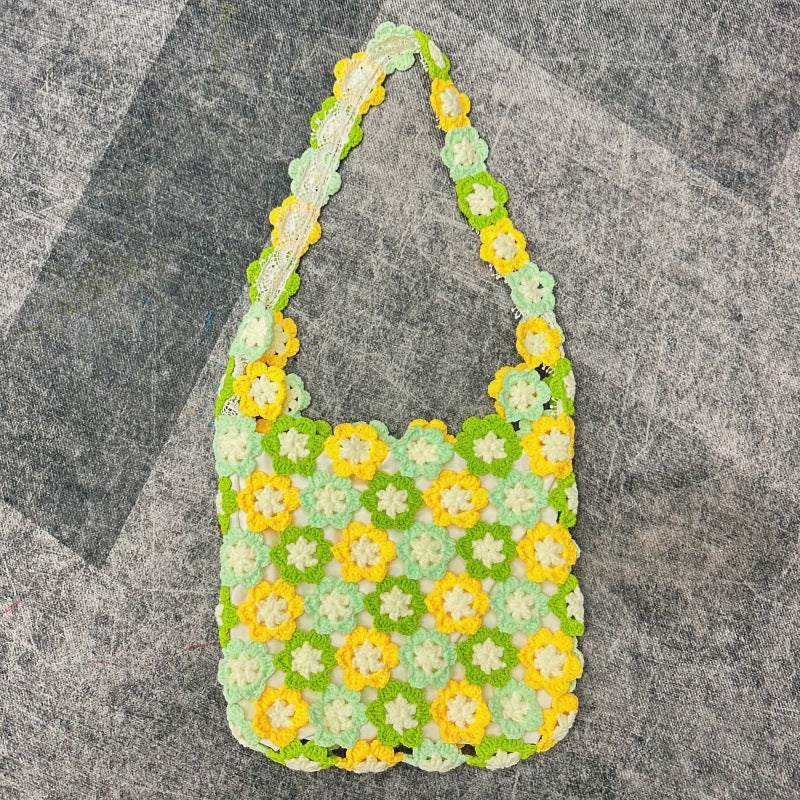 Wool Knitted Rainbow Laminate Stitching Fresh Cutout Flowers Woven Women's Shoulder Bag