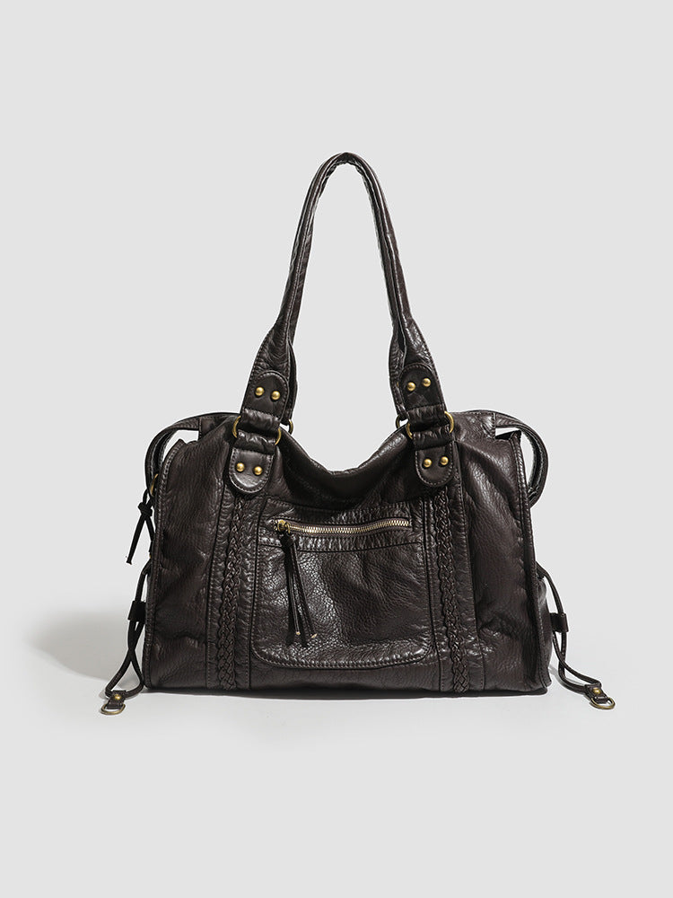 Women's French Retro Motorcycle Large Capacity Washed Tote Bags