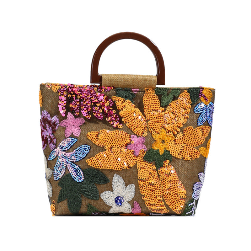 Summer Bamboo Advanced Texture Color Sequins Linen Embroidery Women's Handbag