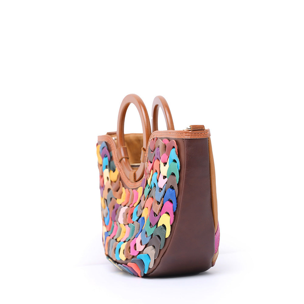 Women's Handmade Geometric Pattern Stitching Genuine Leather Cowhide Ethnic Style Bohemian Small Square Bag