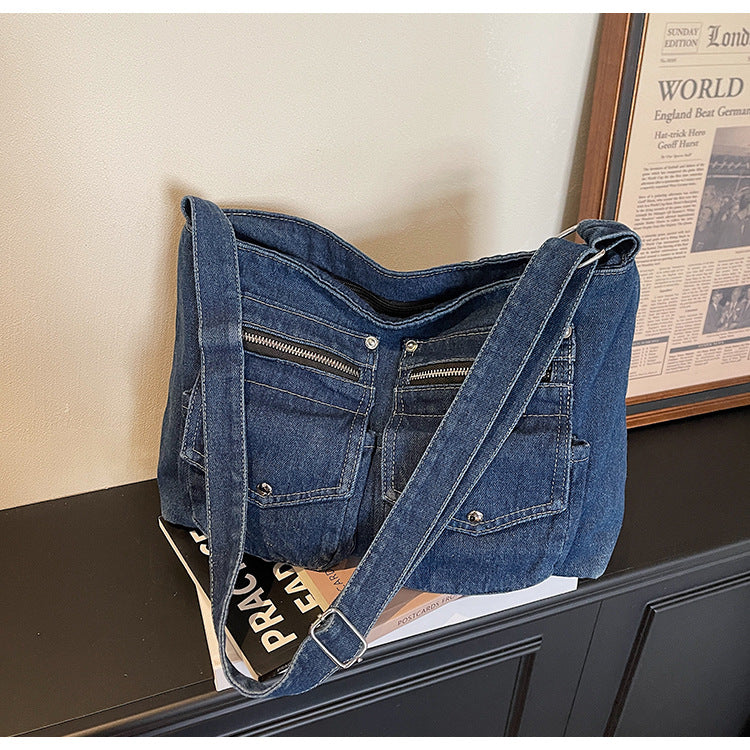 Minority Motorcycle Double Pocket Denim Female Large Tote Bag