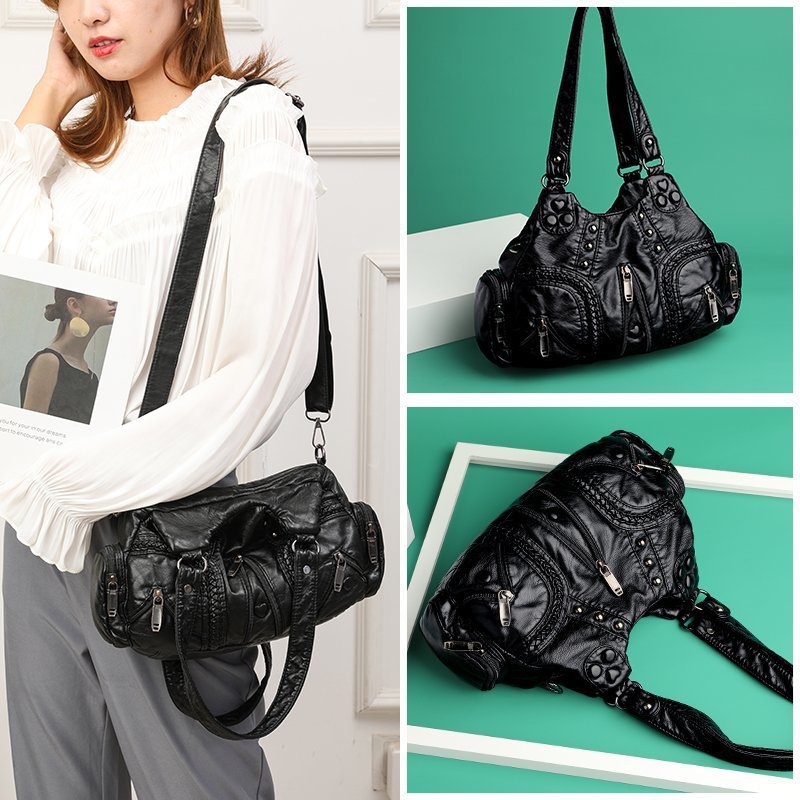Women's Single Washed Soft Leather Large Capacity Bags