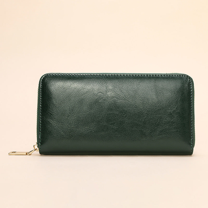 Women's Oil Wax Grain Cowhide Zip Long Genuine Leather Large Ladies Wallet