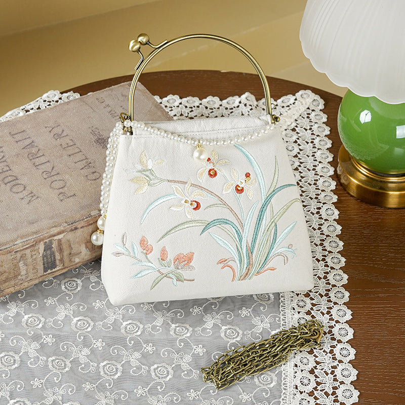 Linen Embroidered National Style Cheongsam Banquet Pearl Handbags