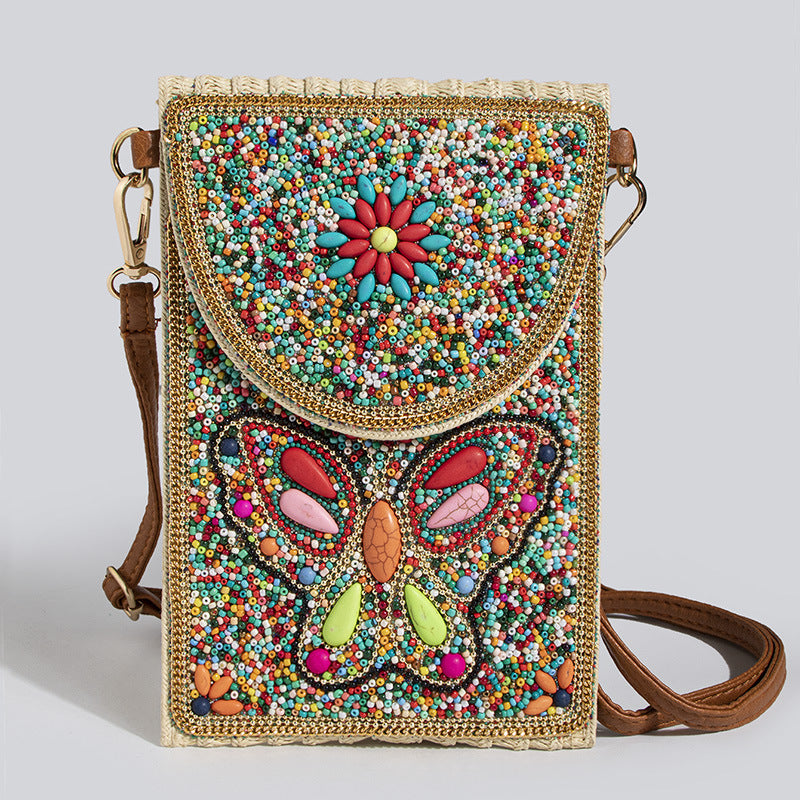 Women's Style Bead Turquoise Pattern Straw Woven Shoulder Bags