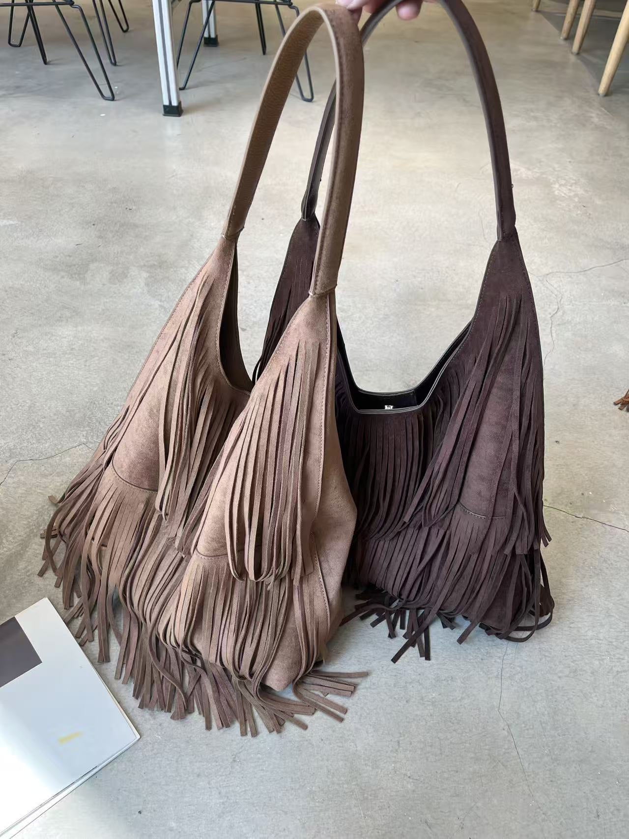 Women's Style Vintage Cowhide Tassel Niche Underarm Suede Bags