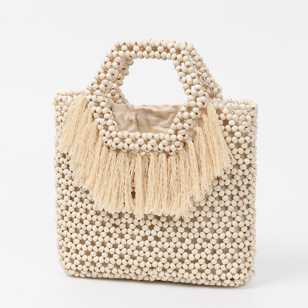 Women's With Wooden Beads Decoration Ethnic Style Hand-woven Bags