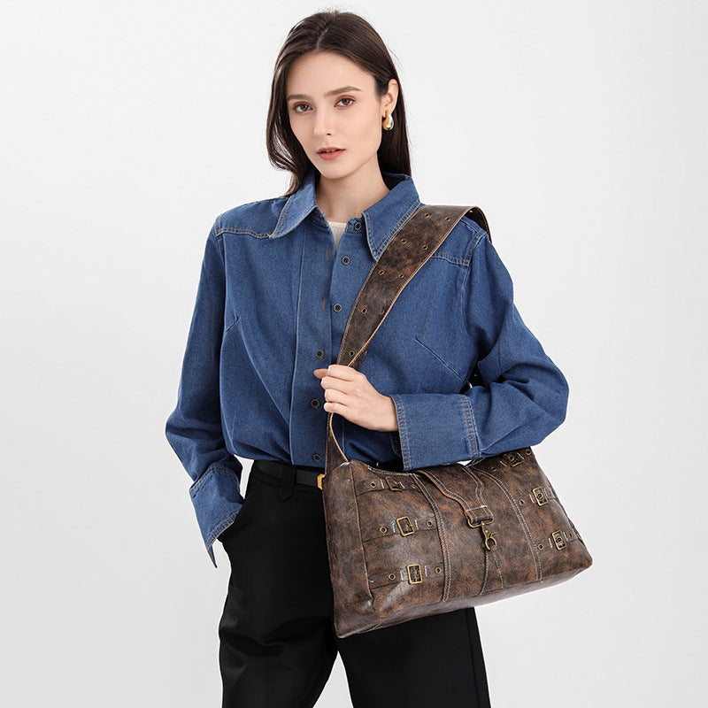 Large Capacity Heavy Metal Punk Distressed High-grade Wide Strap Tote Bags