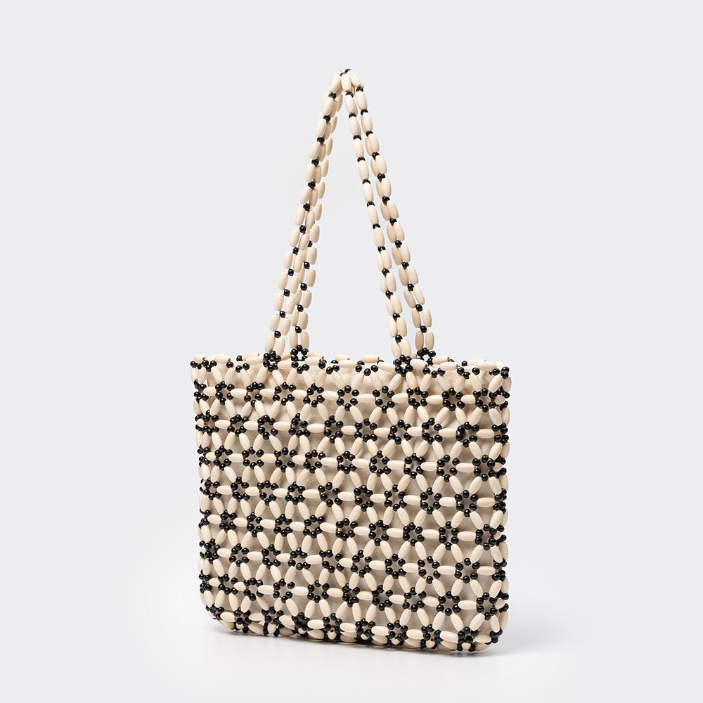 Women's With Wooden Beads Decoration Contrast Color Beaded Handmade Women's Shoulder Bag