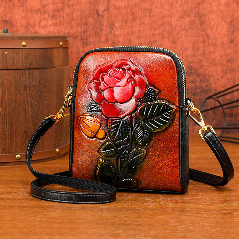 Women's Retro Textured Rose National Style Elegant Women's Messenger Bag