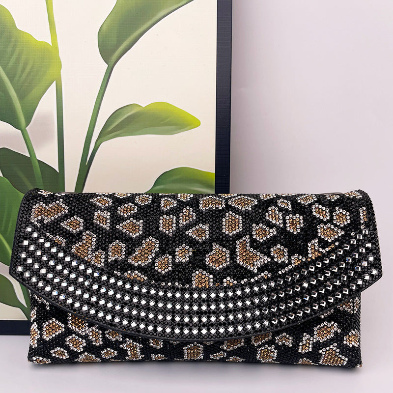 Women's Leopard Print Full Diamond Clutch Banquet Shoulder Bags