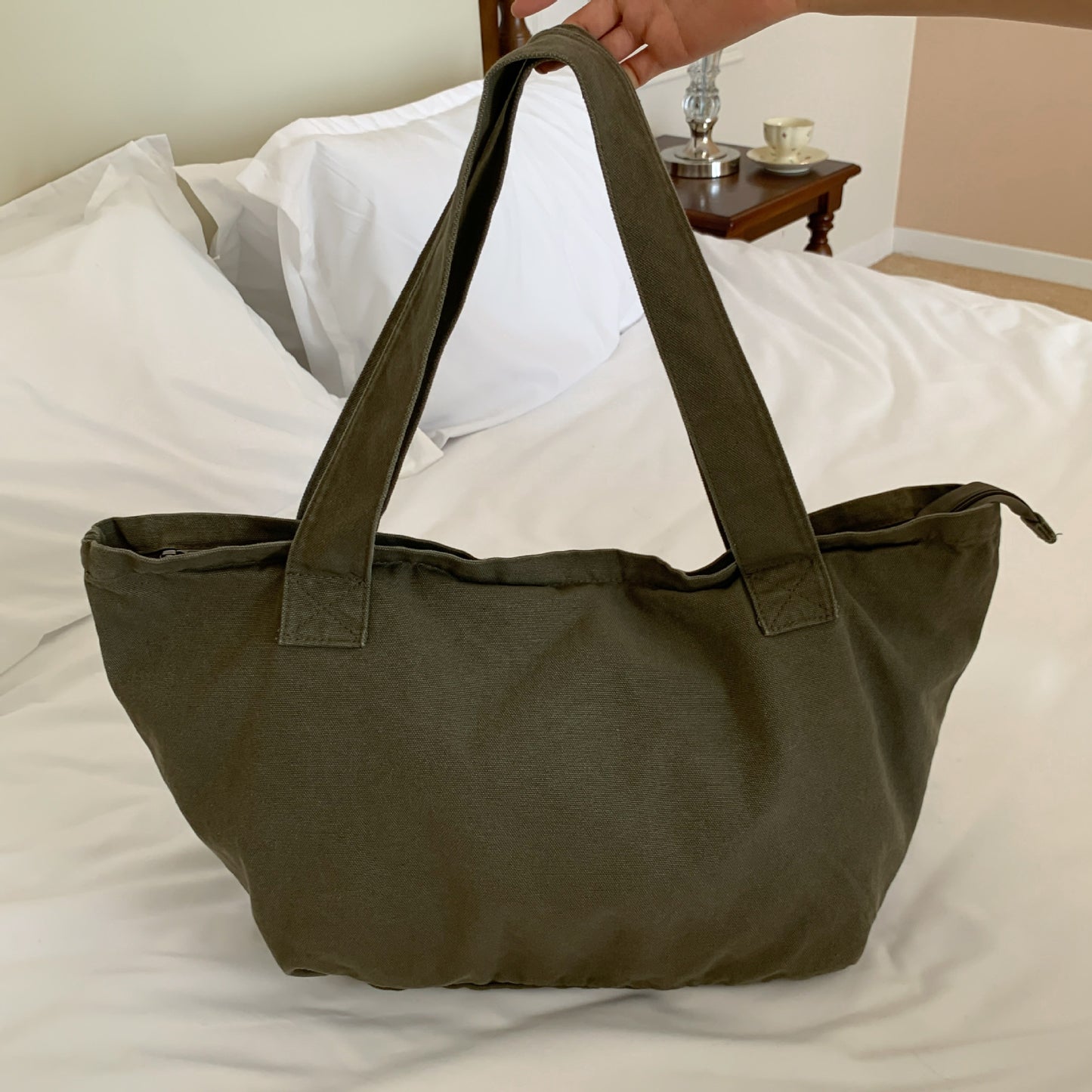 Large Capacity Simple Zipper Korean Style Washed Canvas Shoulder Bags
