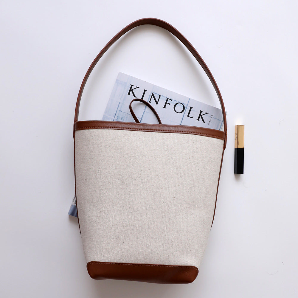 Contrast Color Large Capacity Canvas Commuter Cotton Linen Leather Women's Shoulder Bag
