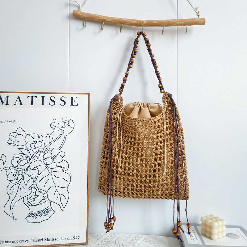 Design Net Weaving Hollow Wooden Bead Vacation Bags