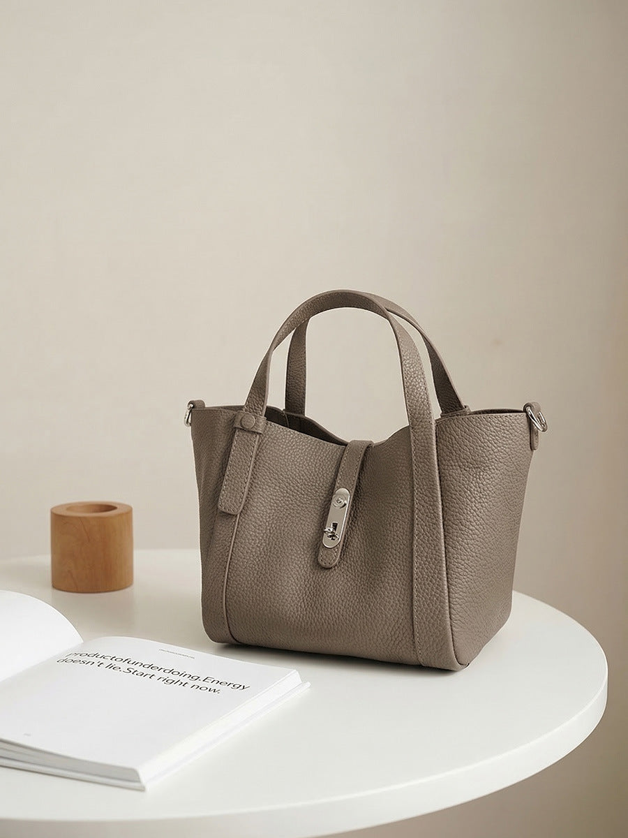 Women's Layer Cowhide Solid Color Soft Niche Lychee Pattern Bucket Bags