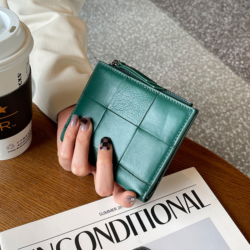 Women's Short Leather Large Woven Sheepskin Coin Purses