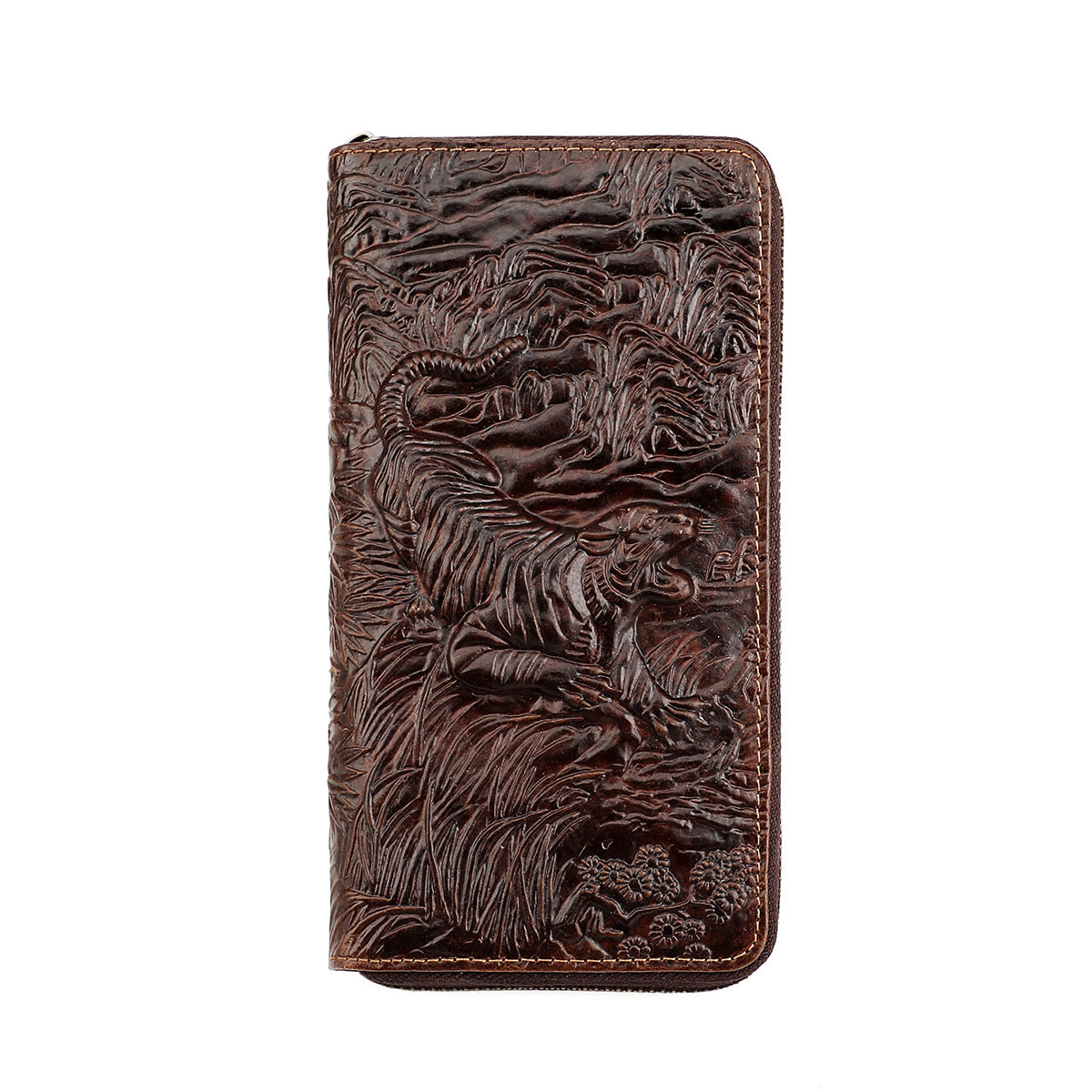 Tiger Rich Flower Lucky Mobile First Layer Cowhide Embossed Coin Purses