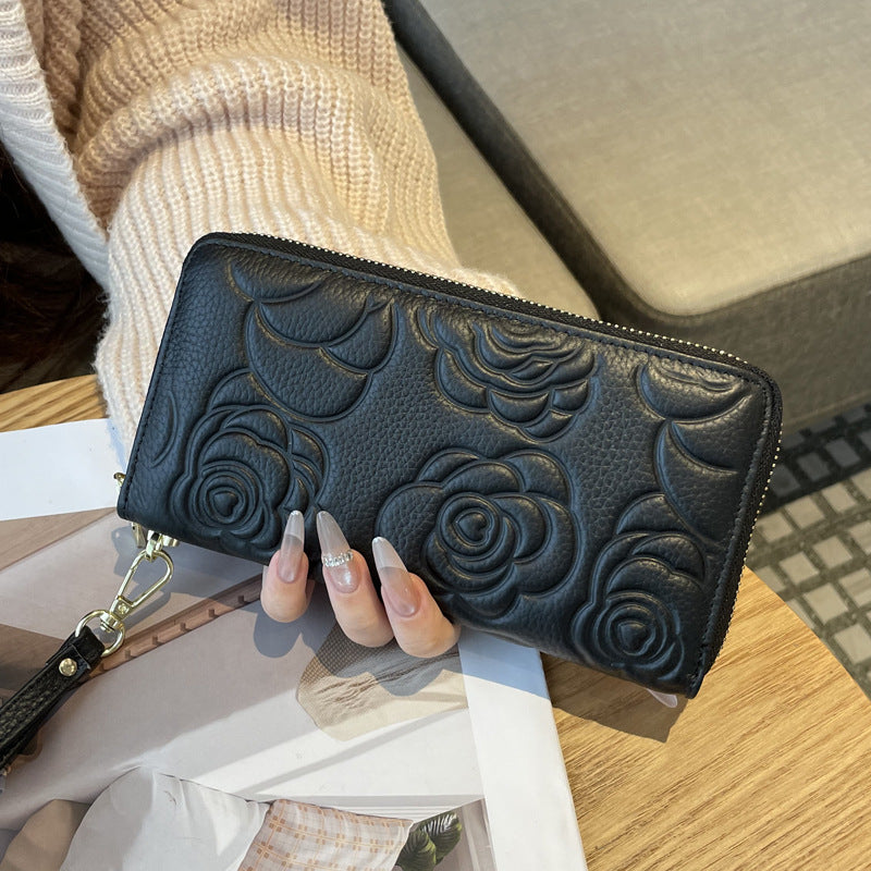 Women's Real Leather Long Single Zipper Fashion Camellia First Layer Ladies Wallet