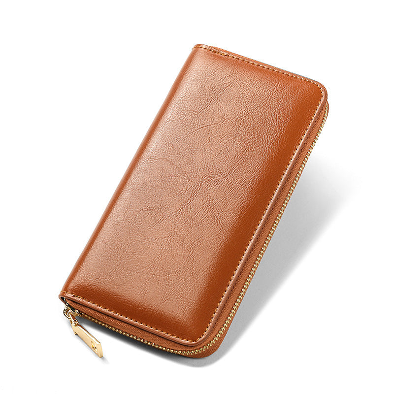 Women's Oil Wax Grain Cowhide Zip Long Genuine Leather Large Ladies Wallet