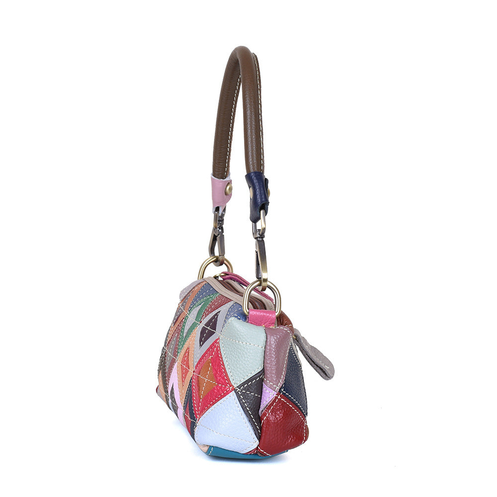 Women's Fashion Cattle Leather Color Plaid Stitching Underarm Portable Bags