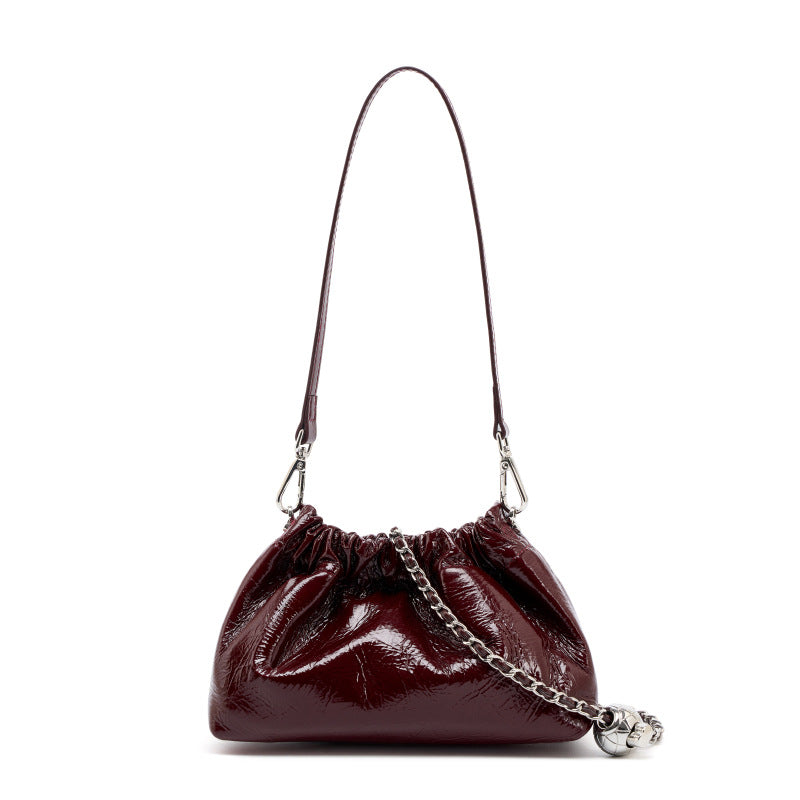 Balls Chain Pleated Cloud Portable Underarm Black Leather Design Sense Women's Messenger Bag