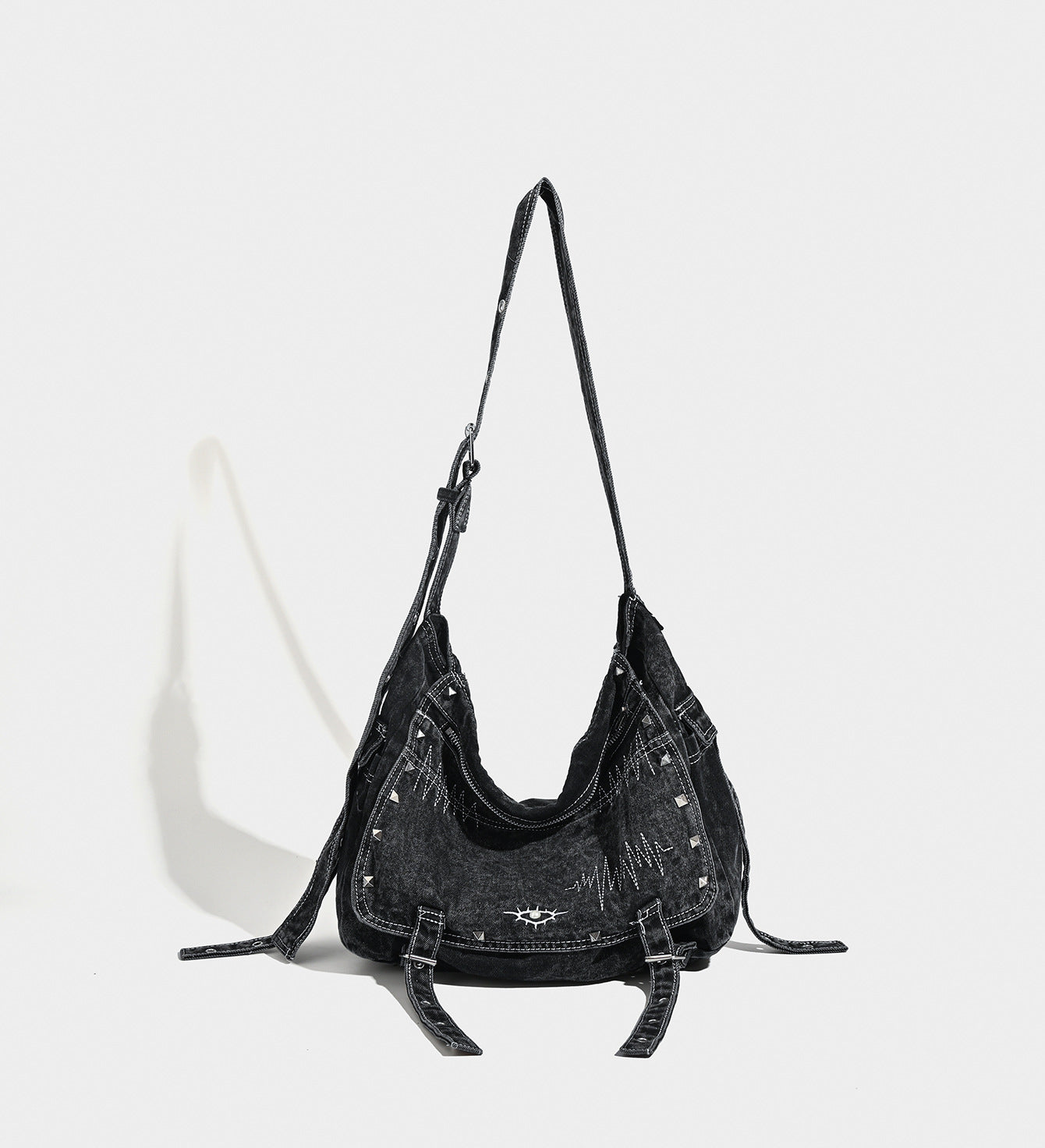 Large Capacity Totes Washed Distressed Denim Design Rivet Commuter Women's Messenger Bag
