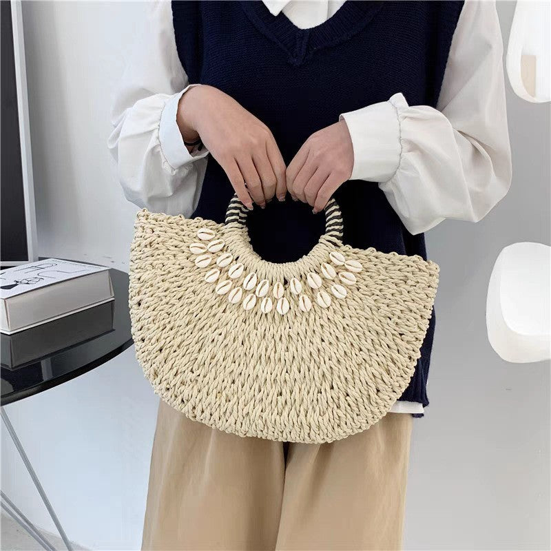 Women's Straw Portable Semicircle Shell Handmade Woven Seaside Vacation Beach Women's Shoulder Bag