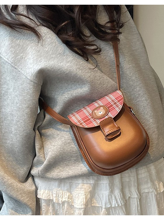 Women's Winter Preppy Style Retro Plaid Saddle Cute Bags