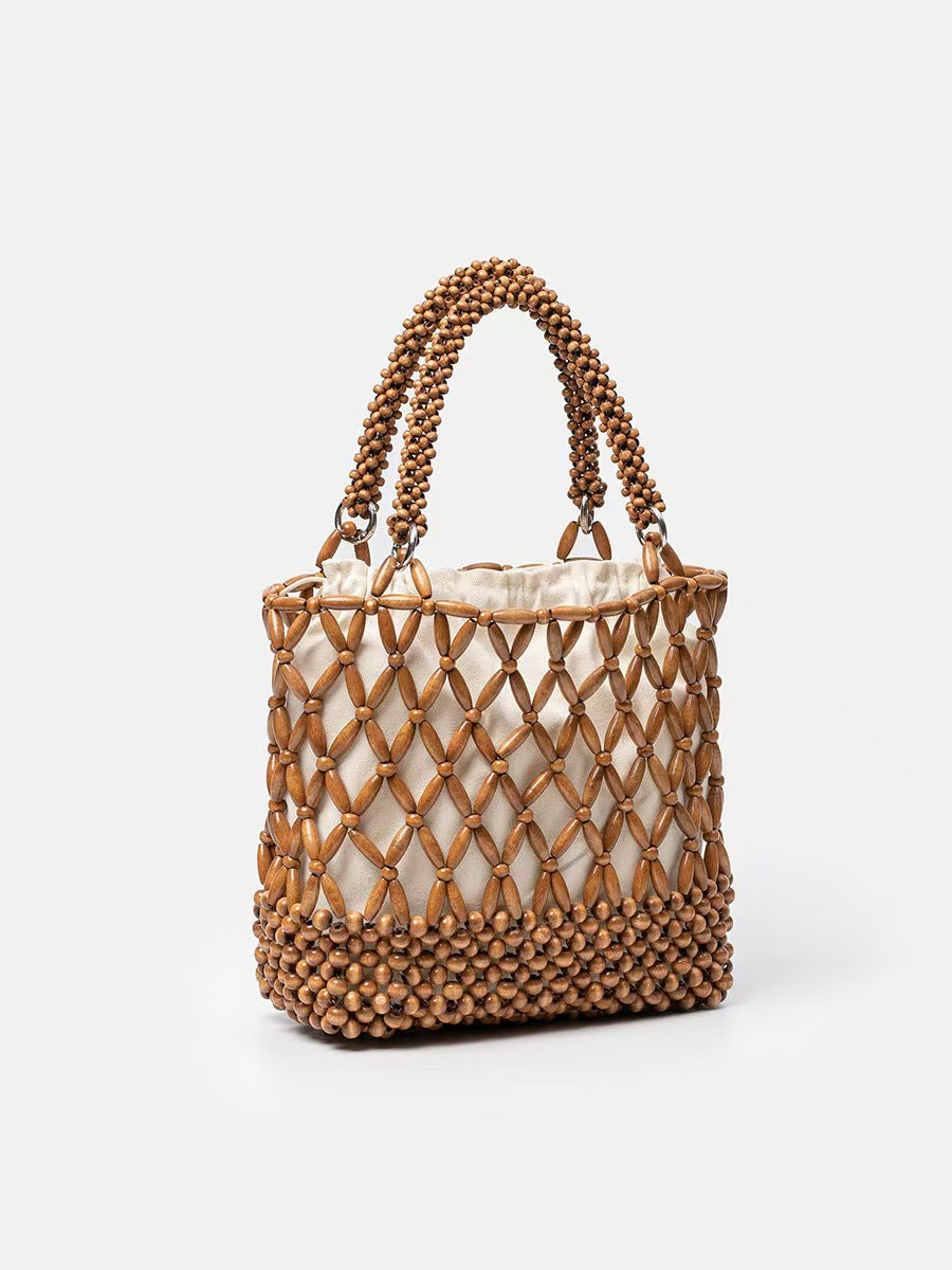 Handmade Wooden Bead Woven Hollow Retro Vacation Style Female Shoulder Bags
