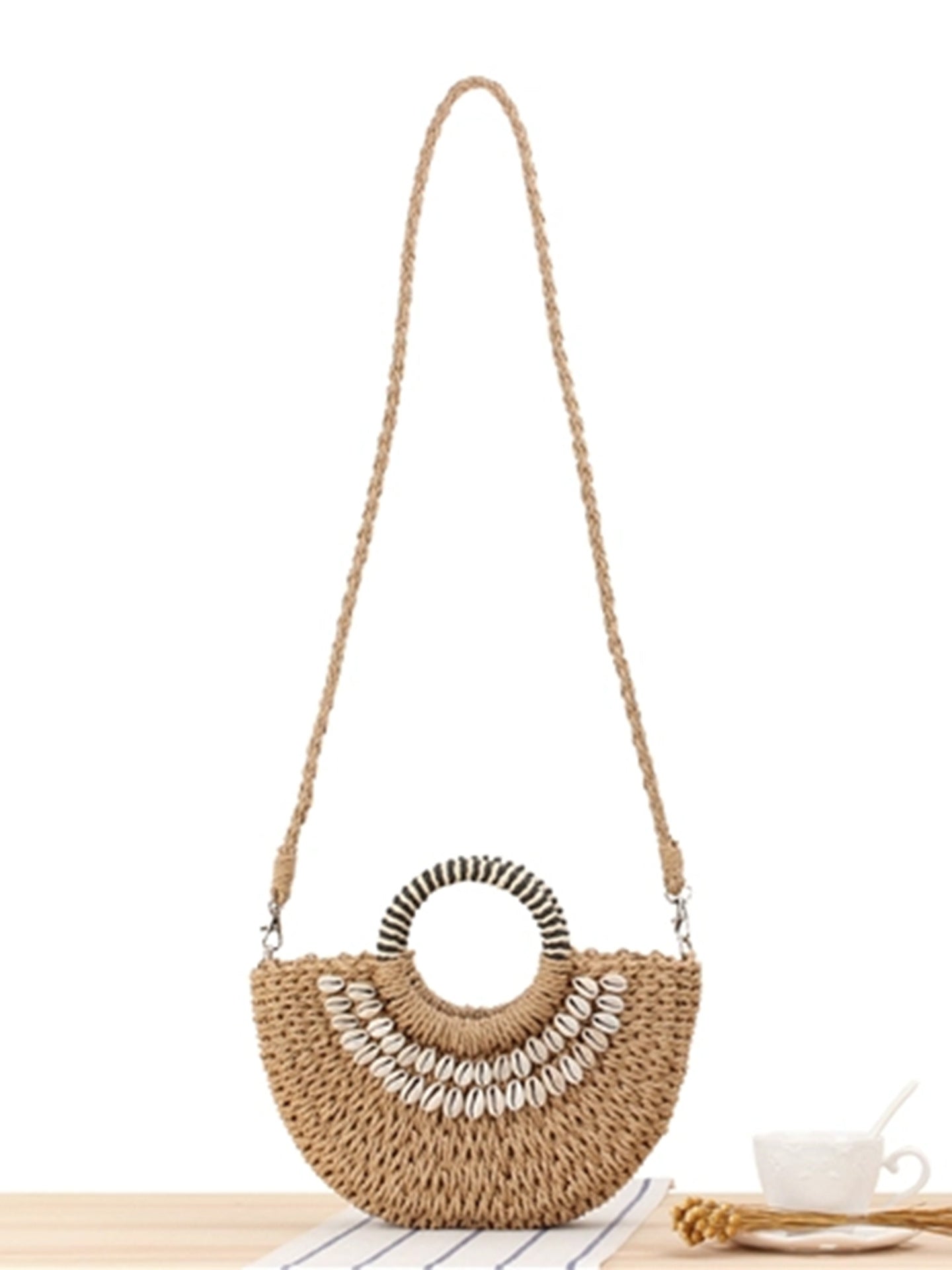 Style Natural Shell Semicircle Hand Carrying Woven Holiday Women's Shoulder Bag