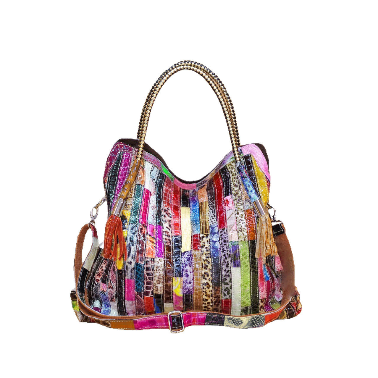 Women's Snake Pattern Leather Stitching Contrast Color Tassel Bags