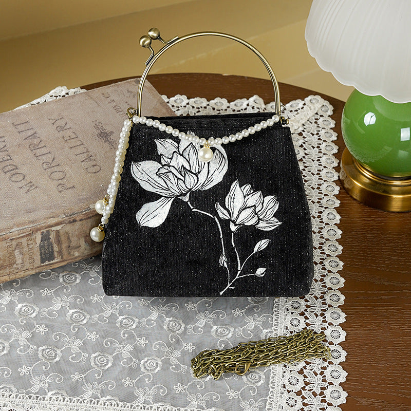 Linen Embroidered National Style Cheongsam Banquet Pearl Handbags