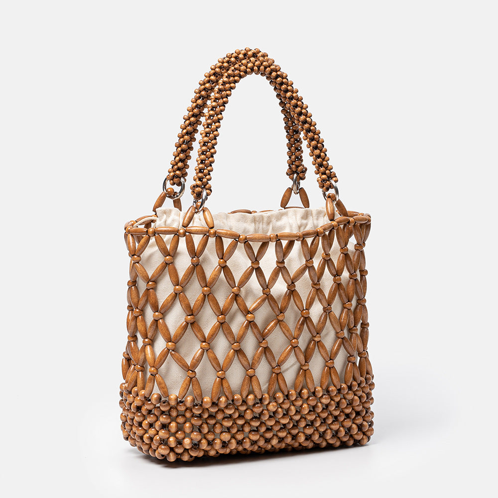 Handmade Wooden Bead Woven Hollow Retro Vacation Style Female Shoulder Bags