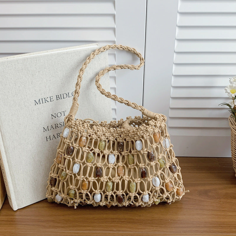 Style Fresh Woven Beaded Contrast Color Large Capacity Advanced Mesh Bags