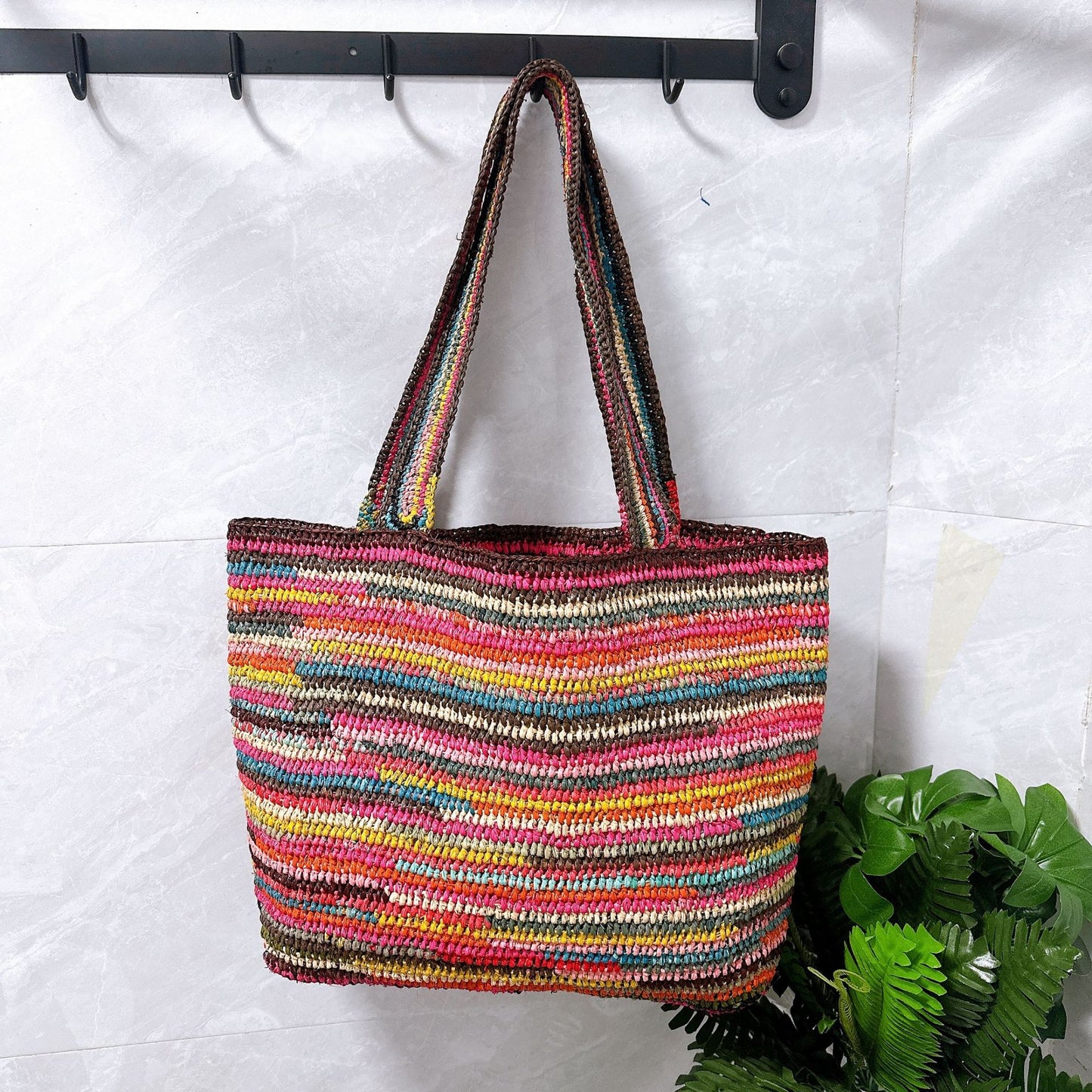 Women's Raffia Striped Color Matching Woven Commuter Hand Crocheting Bags