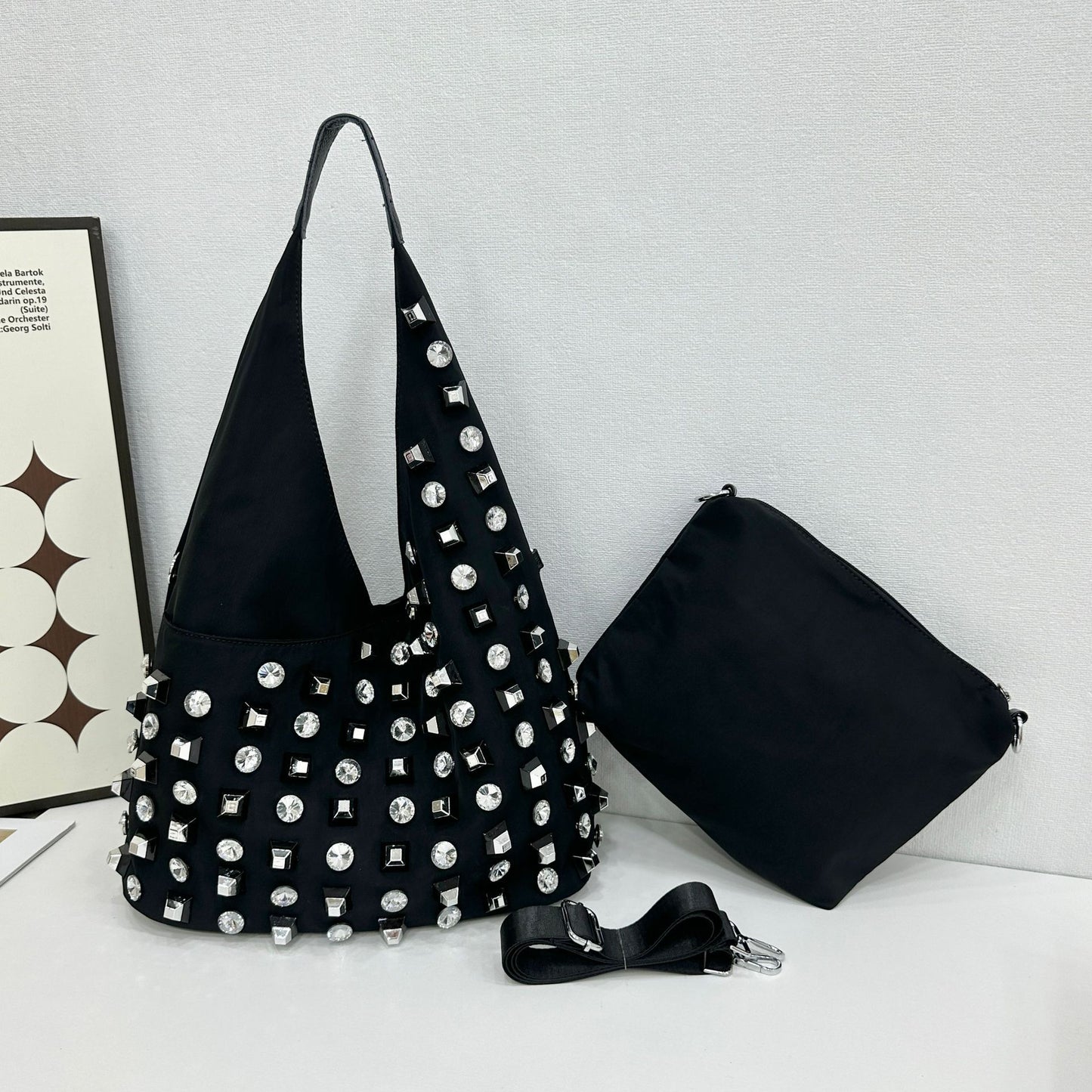 Women's Rhinestone Trend Diamond Nylon Material Large Shoulder Bags