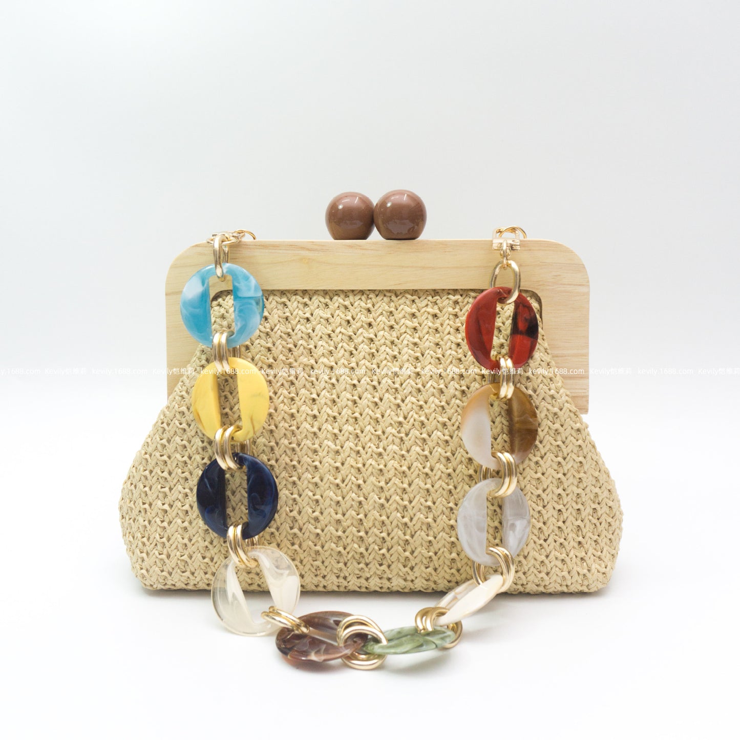 Straw Acrylic Color Chain Underarm Wooden Dinner Bag