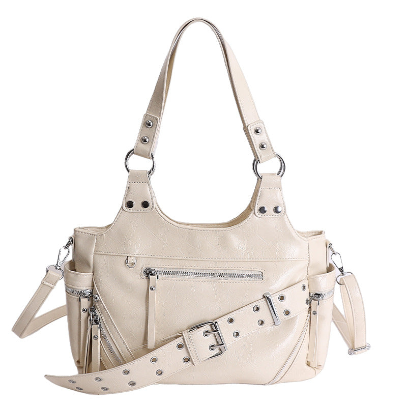 Women's Retro For Large Capacity Soft Leather Stitching Fashion Commuter Rivet Women's Shoulder Bag