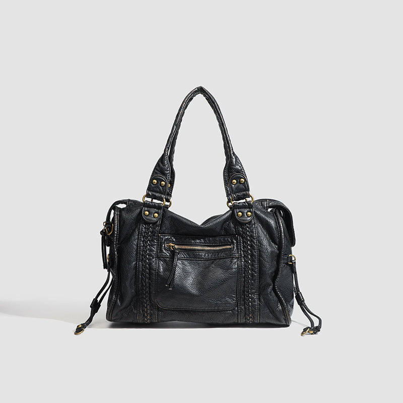 Women's French Retro Motorcycle Large Capacity Washed Tote Bags
