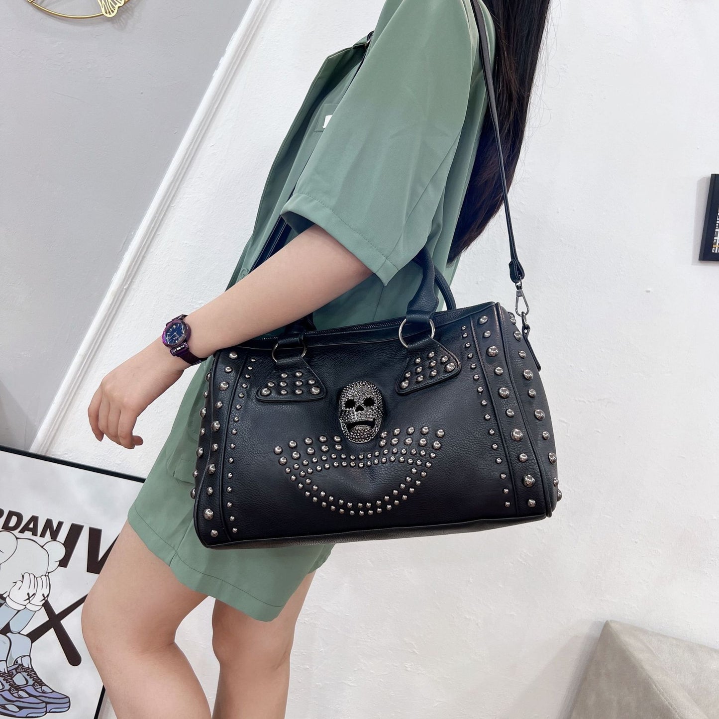 Women's Punk Fashion Rivet Skull Embossed Black Women's Handbag
