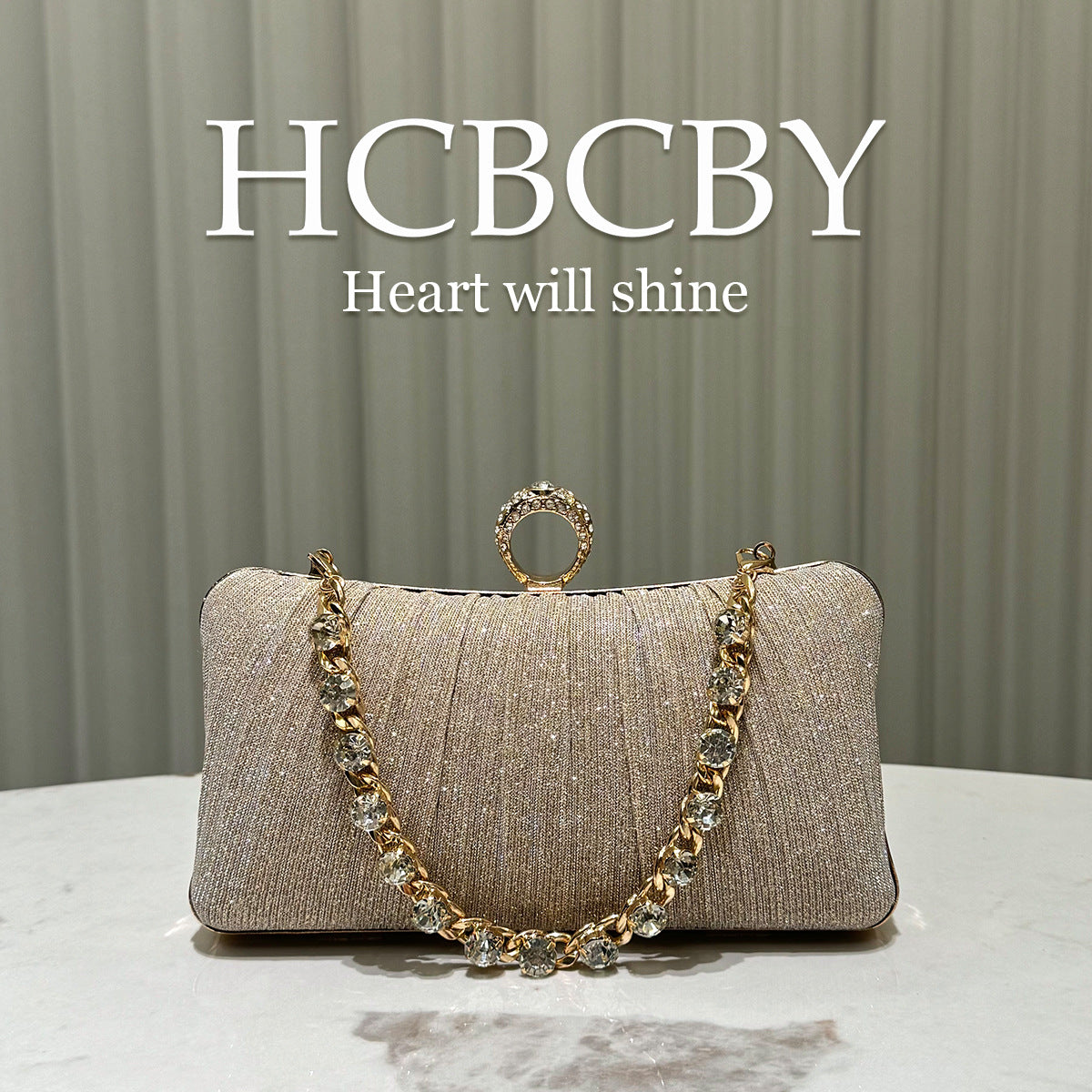Women's Champagne Shiny Pleated Elegant Gorgeous Rhinestone Chain Clutch Fashion Dinner Bag