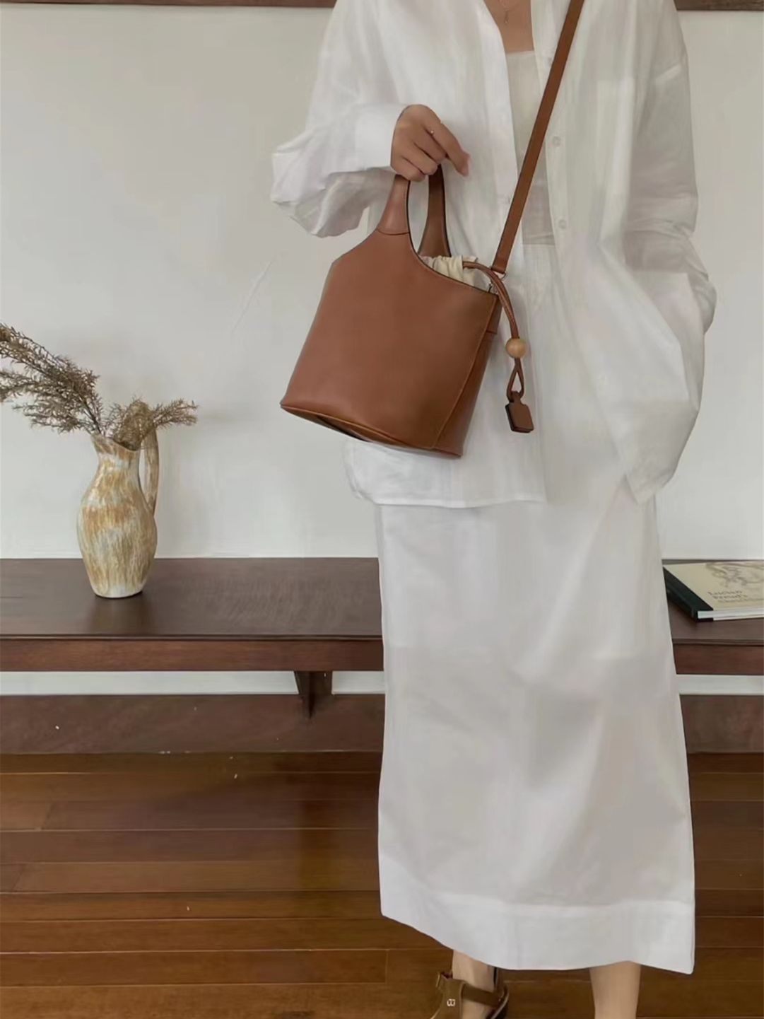 First Layer Cowhide Large Capacity Vegetable Basket Women's Handbag