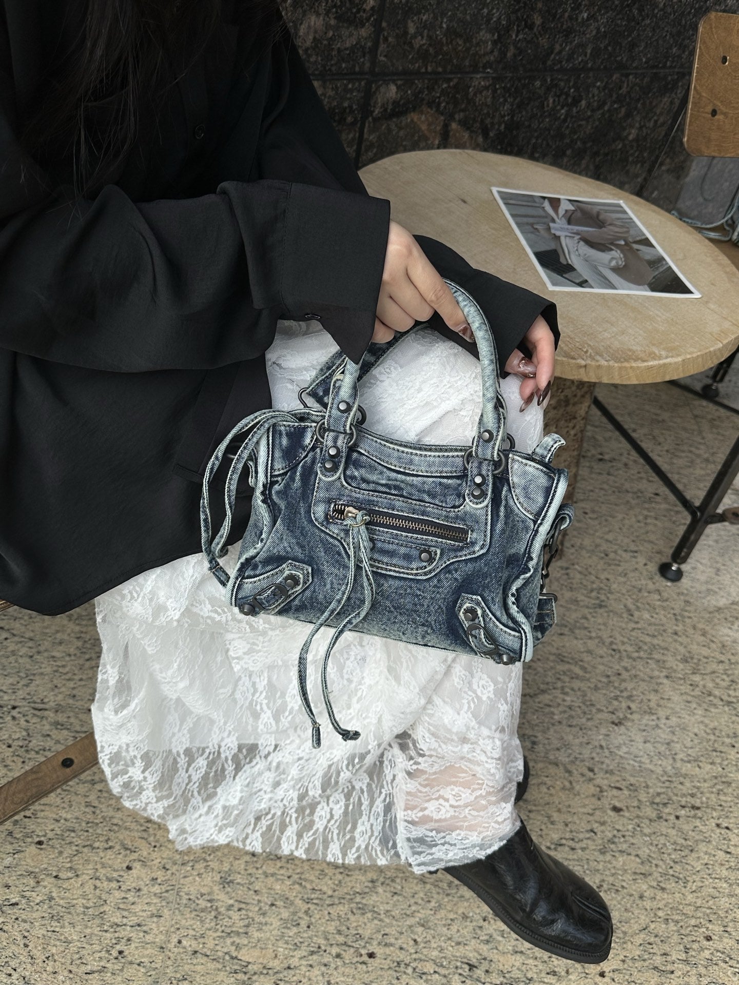 Rivet Motorcycle Washed Denim Neutral Punk Women's Messenger Bag