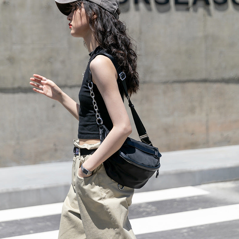 Women's Nylon High-grade Authentic Leather Tactile Feel Fashion Oxford Women's Chest Bag, Fanny Pack