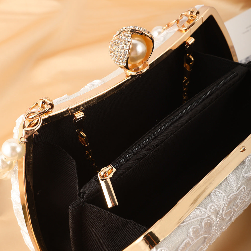 Women's Flower Pure White Sachet Wedding Dress Pearl Dinner Bag