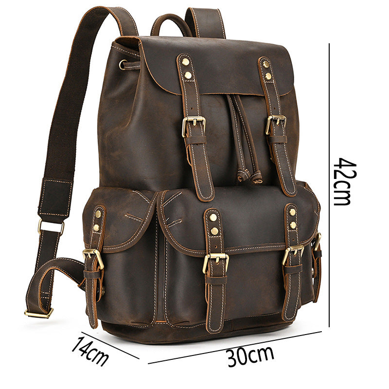 Men's Crazy Horse Leather Cowhide Large Capacity Universal Backpack