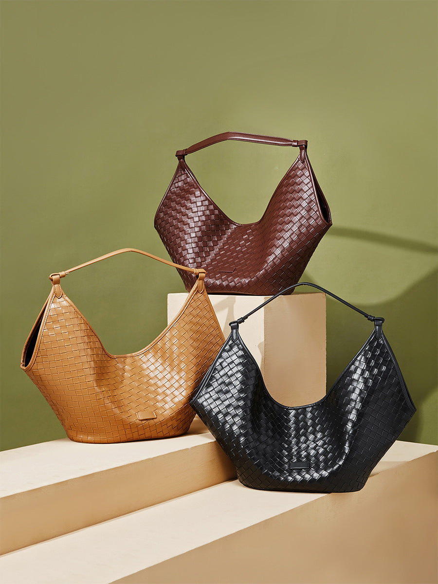 Genuine Leather Large Capacity Female Fashionable Stylish Cowhide Woven Pattern Women's Shoulder Bag