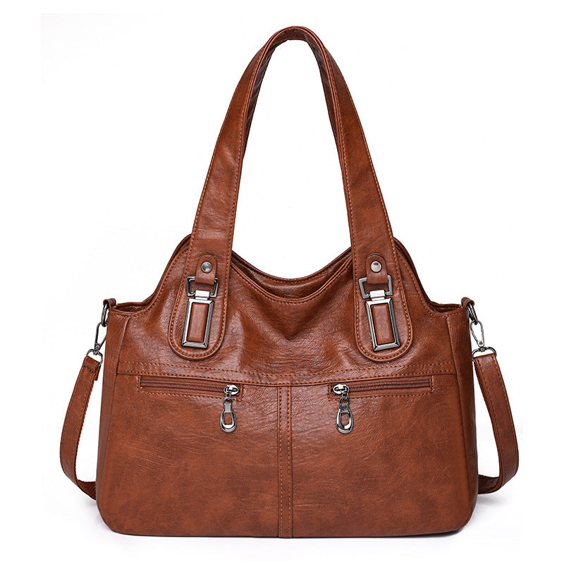 Women's Retro Large Capacity Oil Wax Leather Soft Pure Color Commuter Women's Shoulder Bag