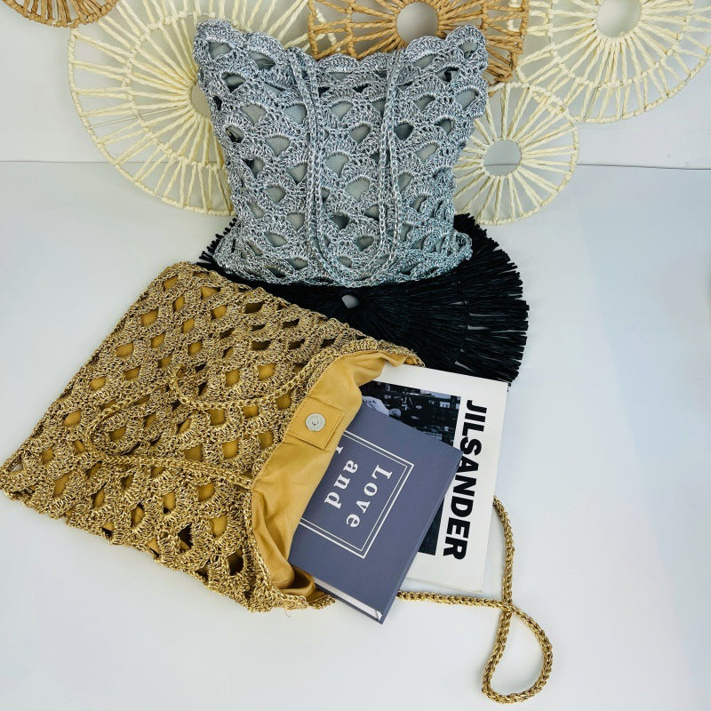 Women's Gold Sier Hollow Straw Woven Handmade Wave Pattern Women's Shoulder Bag