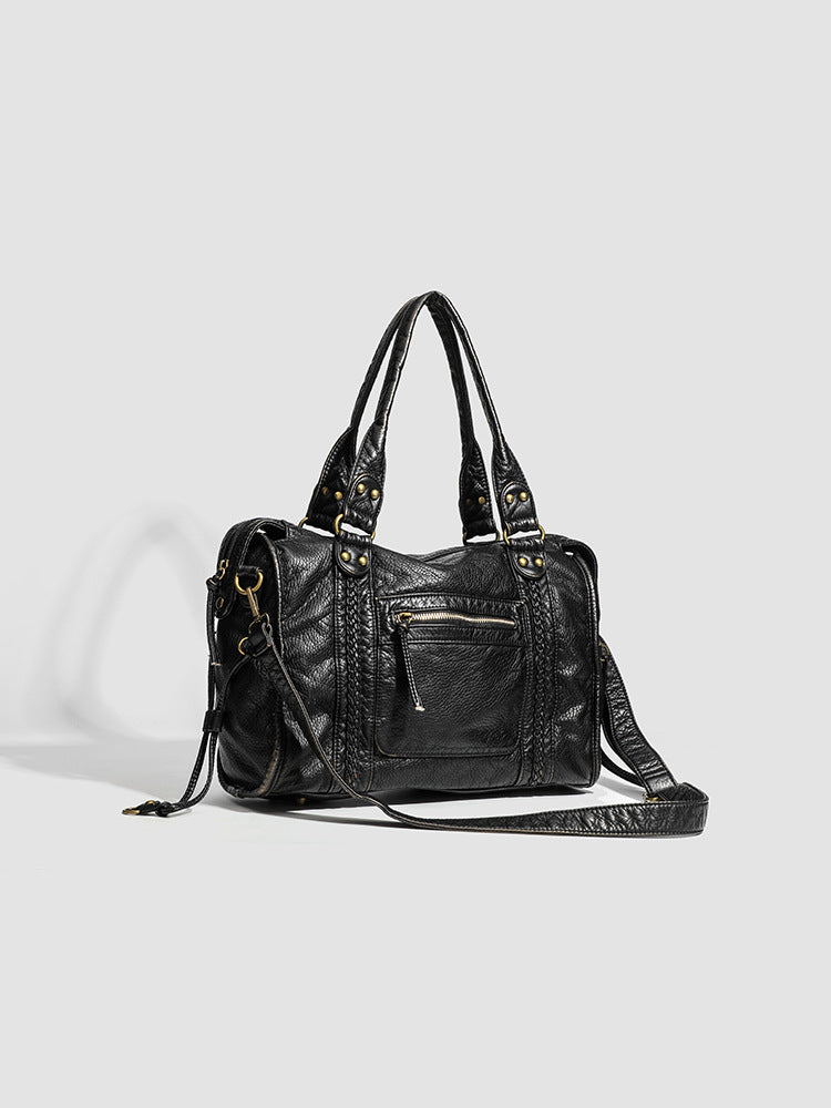 Women's French Retro Motorcycle Large Capacity Washed Tote Bags